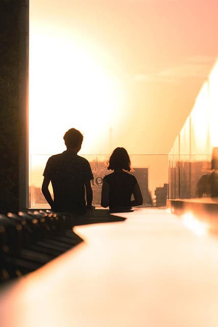darling, terrace, buildings, people, shades, sun, sunset, afternoon, orange, glow, nature, light